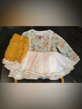 Kids Floral & White Layered Tulle Dress with Mustard Bloomers